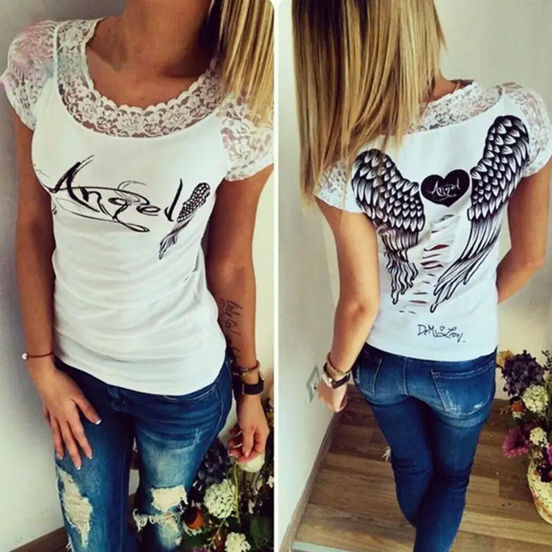 

S-XXL Summer Fashion Women's T shirt Back Hollow Angel Wings T-shirt Tops Woman Casual Lace Short Sleeve Tops T shirts Clothing