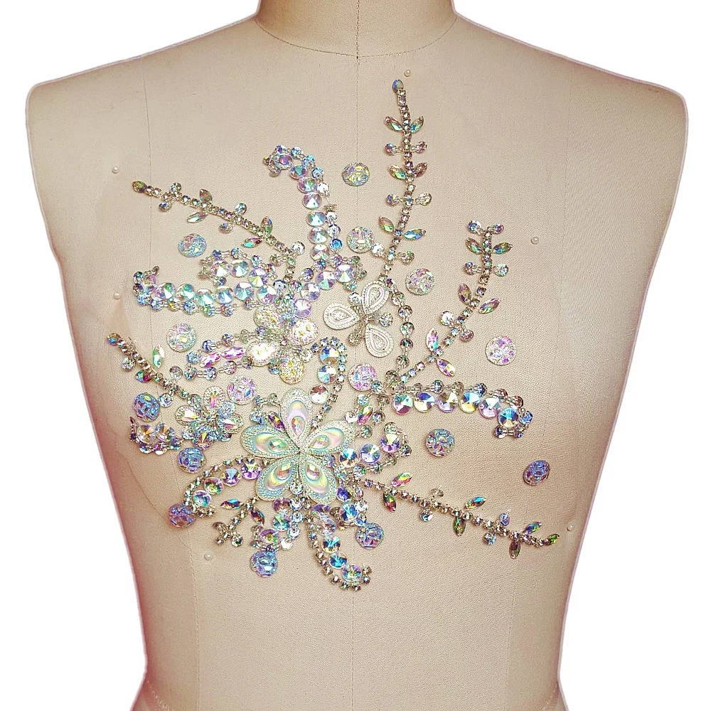 HOt Hand Beaded Clear AB Sew on Rhinestones Applique Trim Patches