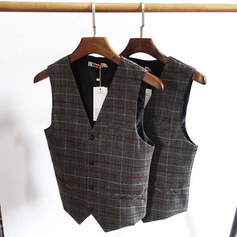 

4 Season Plaid Suit Vest Korean Version for Men Casual Business Waistcoat Sleeveless Vest Wedding Man Clothing Plus Size