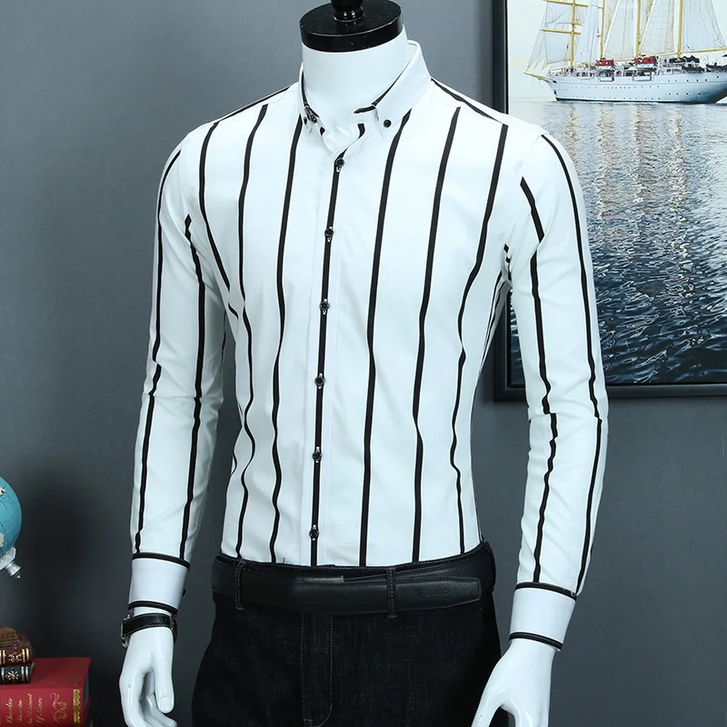 Dress Shirts Men Contrast Black/white Wide Striped Cotton Long Sleeve