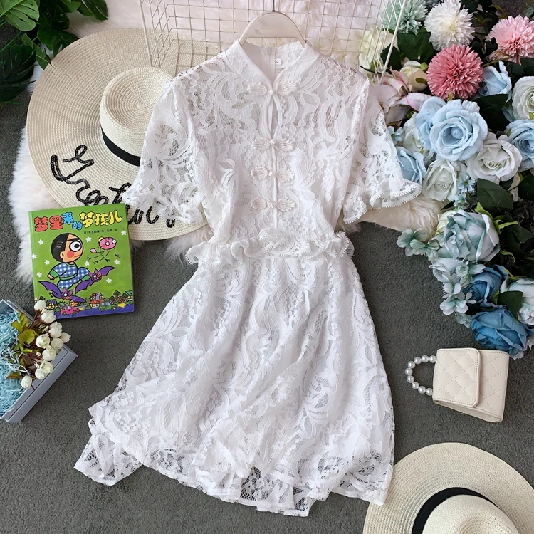 

Runway Dress 2019 Summer Retro Chinese Style Big Swing Waist Lace Dress Elegant Temperament Ladies Dress Vestidos Women