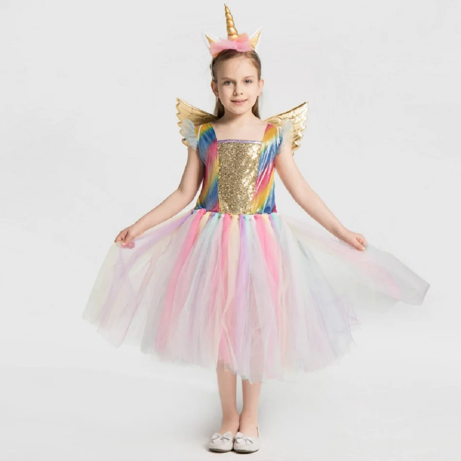 MUABABY нарядное платье для девочек с блестками и изображением единорога с крыльями и повязкой на голову; летний детский многослойный костюм принцессы; детское платье на день рождения