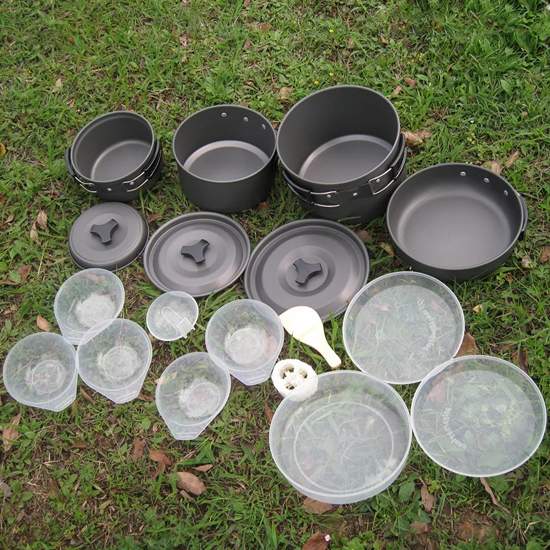4-5 personas de vajilla de cocina al aire libre conjunto de utensilios de cocina de vajilla no-stick ollas pan juego de picnic senderismo utensilio