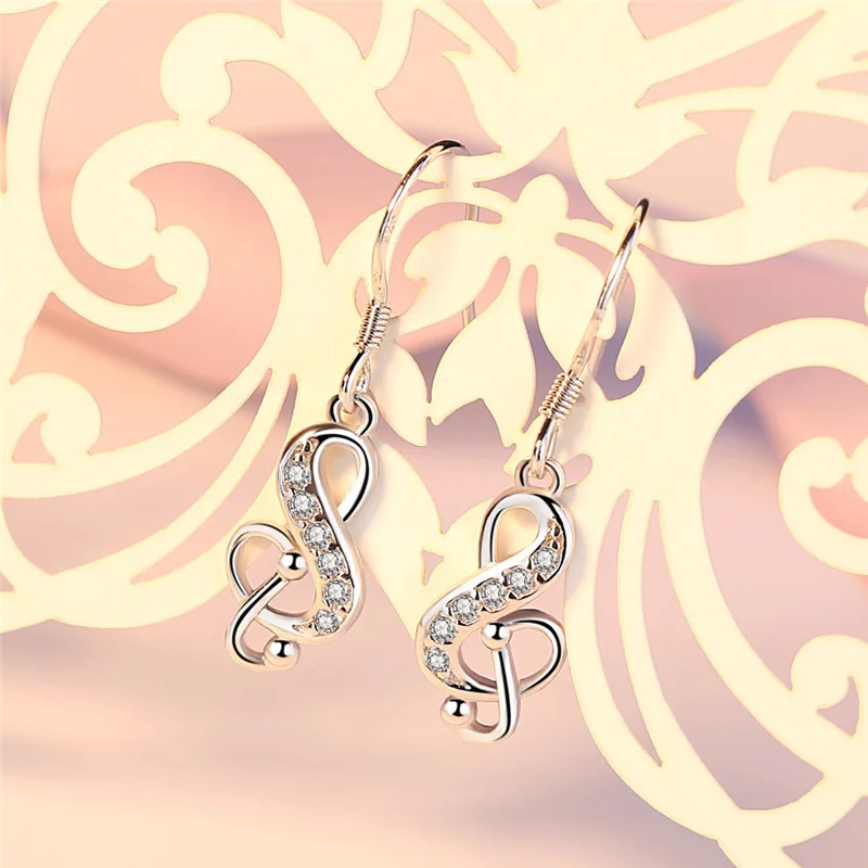 

Asymmetric Personality Trendy Music Notes Ear Hook Crystal Silver Color Rhinestone Jewellery Earrings Lady Dangle Drop Earrings