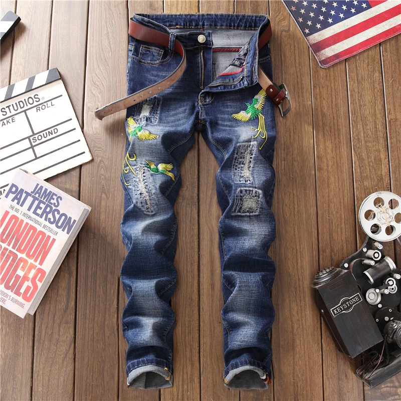 Модные мужские джинсы на молнии с вышитыми цветами и птицами, высокое качество, узкие джинсовые брюки-карандаш, Брендовые прямые брюки большого размера 29-38
