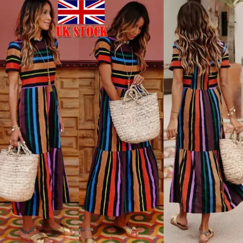 

Fashion Womens Rainbow Striped Print Maxi Dress Cocktail Party Short Sleeve Holiday Sundress