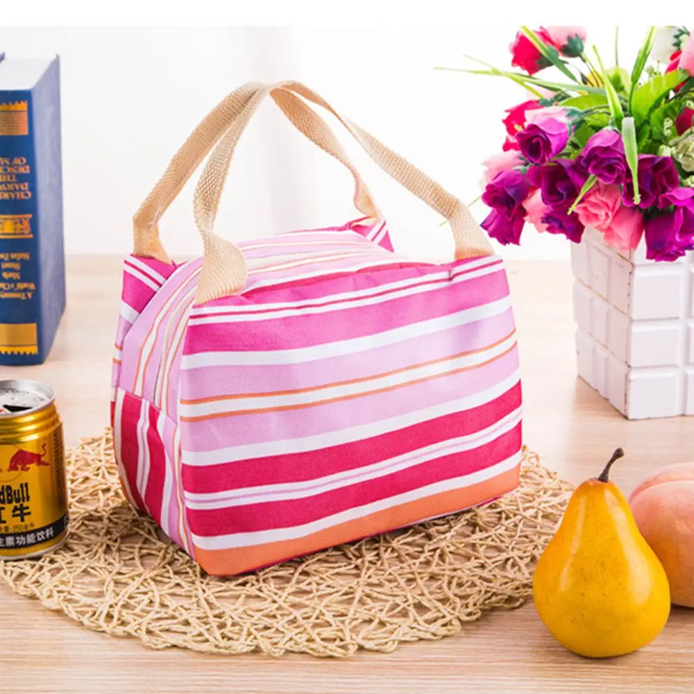 Insulated Canvas Stripe Picnic Carry Case Thermal Portable Lunch Bag For Women Men Girl Kids Children Carry Food Storage Case - Цвет: rose red