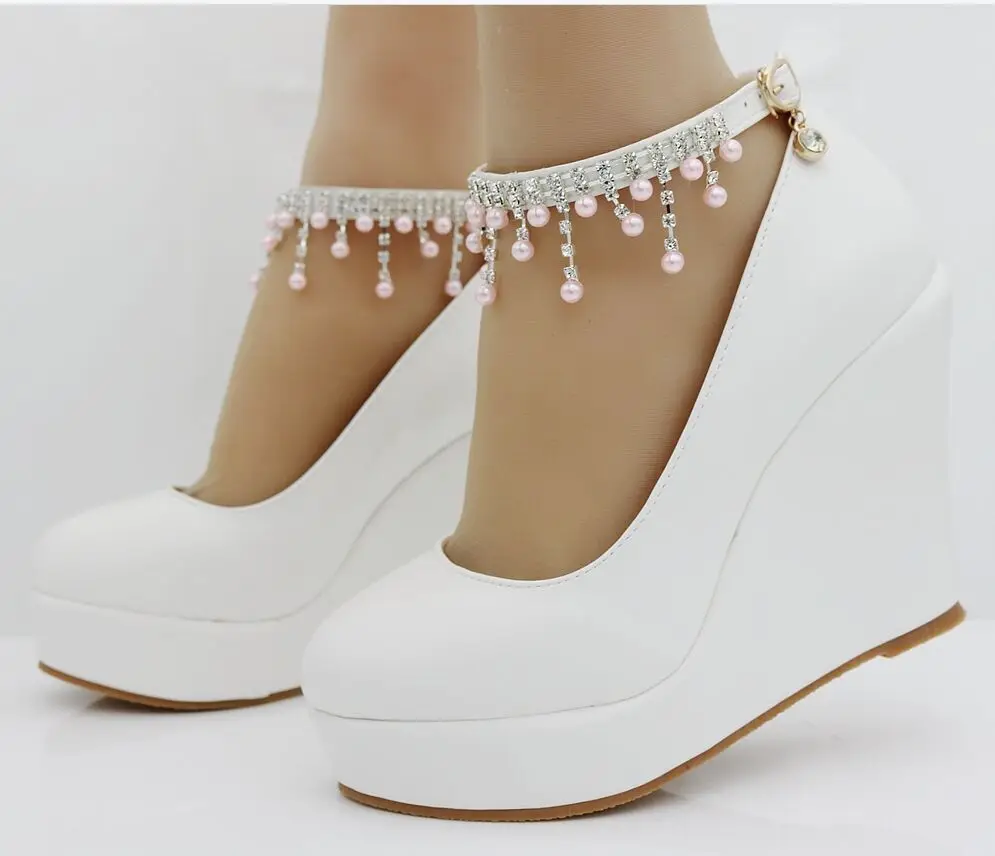Туфли-танкетки на высоком каблуке с ремешком на щиколотке, украшенные кристаллами; женские туфли-лодочки на высокой танкетке; sapato feminino; модельные туфли - Цвет: PINK