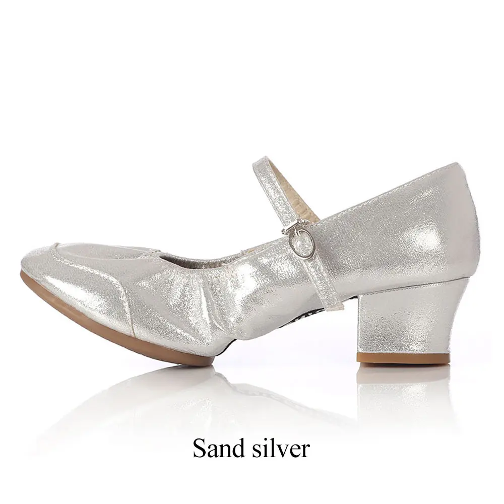 Женская танцевальная обувь на низком квадратном каблуке; Танцевальная обувь в этническом стиле; обувь для танцев на мягкой подошве; сезон весна-лето; размеры 34-42 - Цвет: sand silver