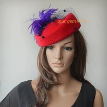 Новые красные фиолетовые шерстяные фетровые шляпы/Кепка для зимних женских шапок, гонок, свадьбы, перьев и точек, veiling