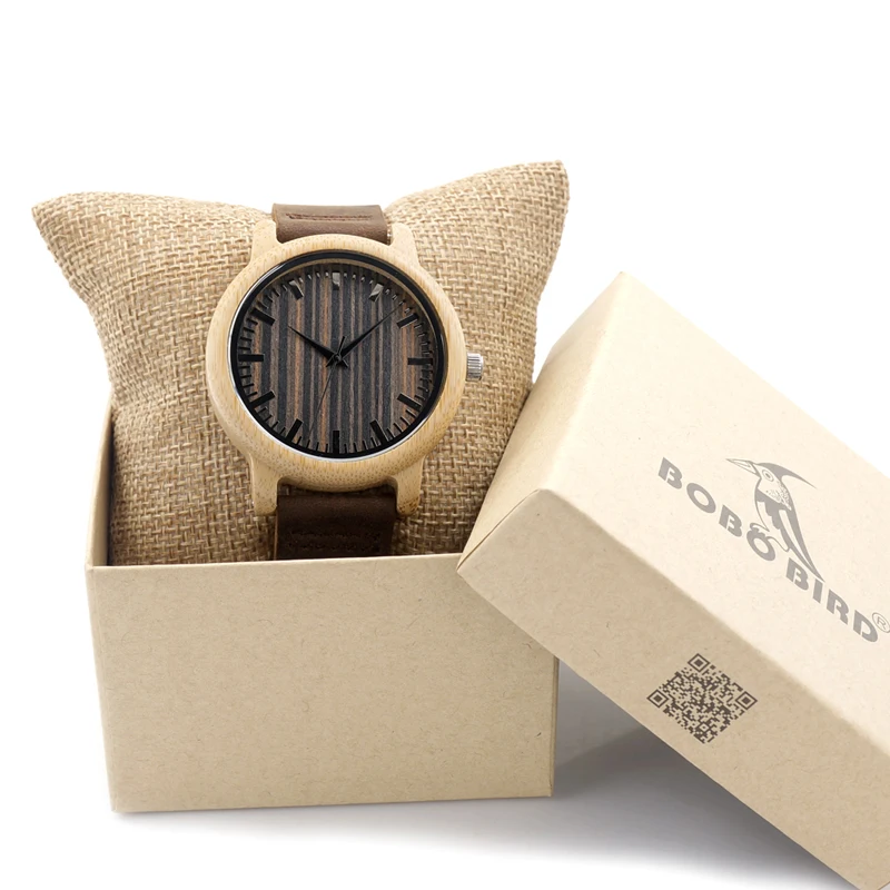 BOBO BIRD V-H08 Mens Handmade Bamboo Watches Wooden Dial Leather Strap Quartz Wristwatch in Gift Box Relojes Hombre V-H08