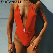 Сексуальная Погружаясь V молнии купальный костюм Для женщин боди Купальники одноцветное Одна деталь костюм пляж монокини с низким вырезом на спине купальник