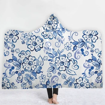 

Chinese style flower leaves Blanket with hat keep Warm soft sofa comfortable Blanket Blue and white porcelain Blanket