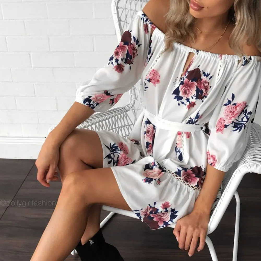 Llily Rosie/белое мини платье с цветочным принтом и открытыми плечами для девочек