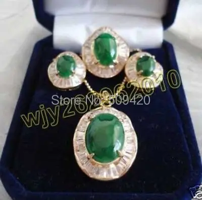 

Free Shipping Wholesale>>>JJ6541 Design elegant green jade inlaid Zircon Necklace Earrings Ring Set