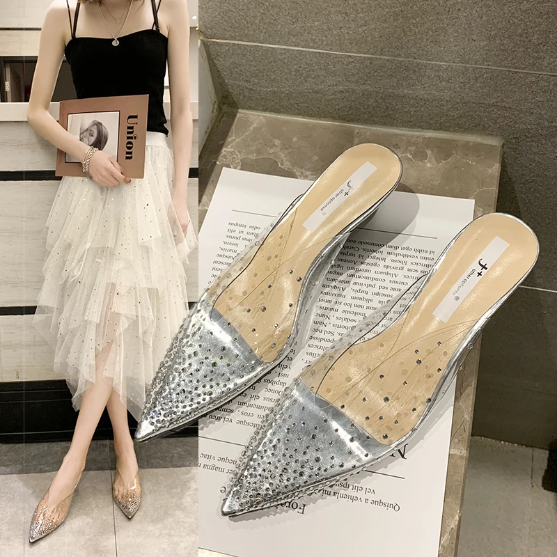 

Liren 2019 Summer Fashion Sexy Lady Party Sandals Low Heels Pointed Wrapped Toe New Transparent Point Pattern Decoration Shoes