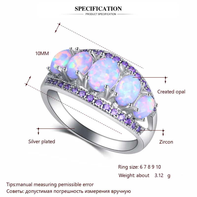 Rolinason, изысканный подарок, Белый огненный опал, Фиолетовый Кристалл, модное ювелирное изделие для женщин, 925 серебряные кольца, размер США#6#7#8#9#10 OR903
