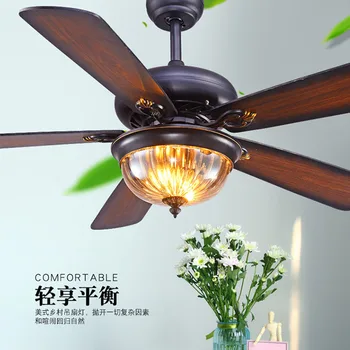 

LED ceiling fan light living room American retro remote control ceiling fan light antique wood leaf fan blade