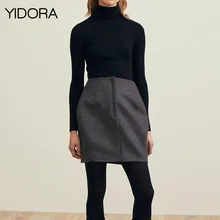 Топ из мягкой шерсти смесь мини-юбка с высокой талией особенности передняя молния и декоративные швы-Yidora женская черная/серая стильная юбка