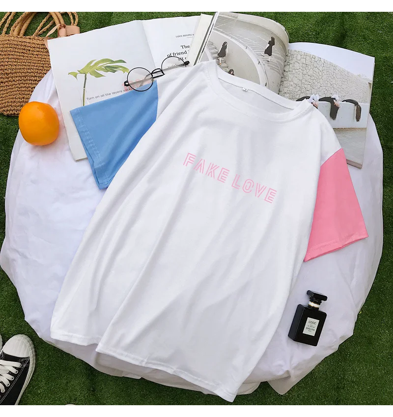 Summer BTS Bangtan Boys Fan Support T Shirt Women Casual Color Block Patchwork Cotton Tee Shirt Femme Kpop Fake Love Letter Tops (4)