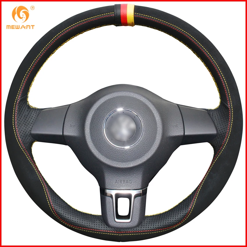 Mewant Black Suede Black Leather Car Steering Wheel Cover For