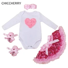 Кружевная одежда с оборками на День святого Валентина для маленьких девочек боди с длинными рукавами юбка-пачка туфли с лентами костюм для дня рождения маленького ребёнка