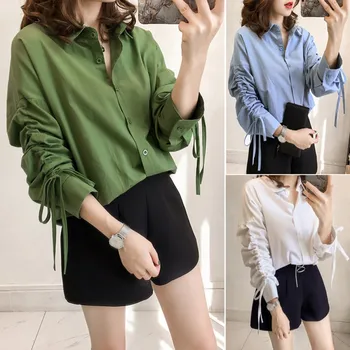 

Autumn new women's shirt jacket XL ladies shirt loose wild long-sleeved sleeves draped lace fashion solid color shirt3