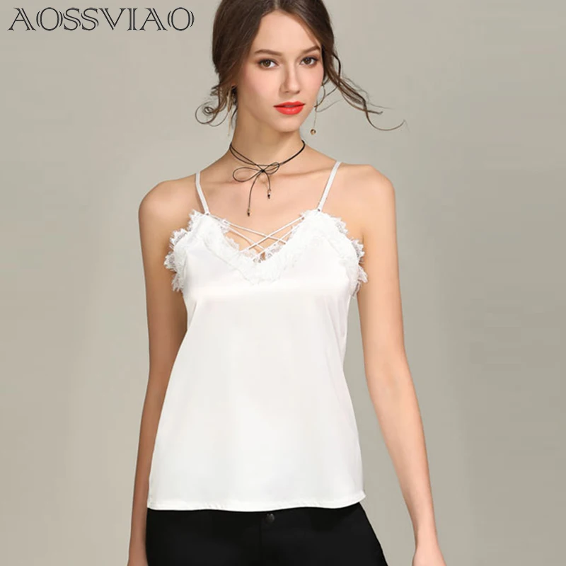 

AOSSVIAO Black Tank Tops Women Autumn Strap Lace Top Sexy Female Satin Slip Crop Tops 2019 Summer Ladies Silk Camisole Cropped
