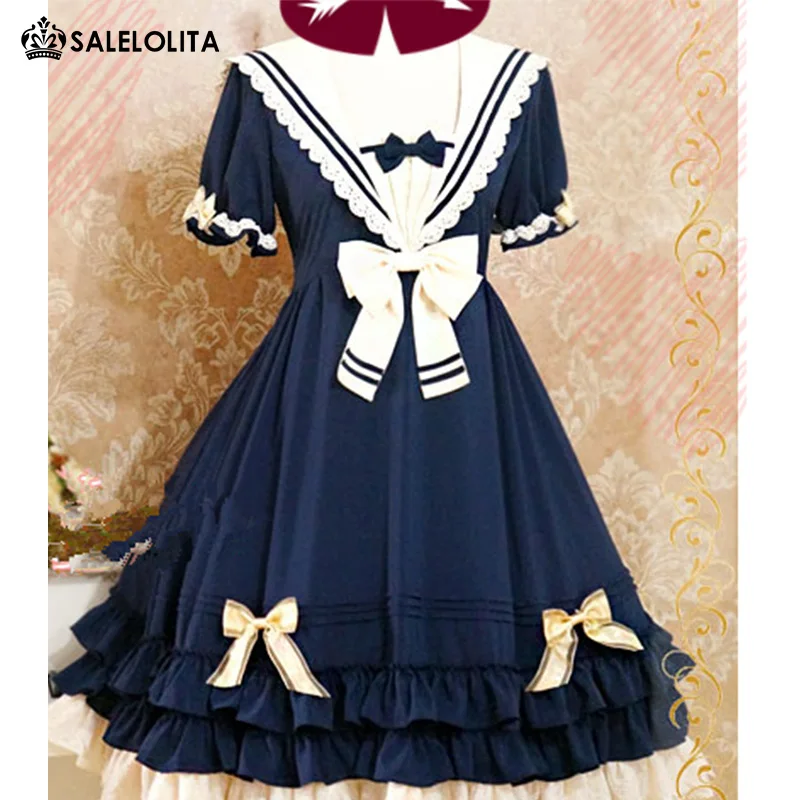

2016 Summer Blue Cute Lovely School Princess Lolita Dress Girl & Women Sweet Kawaii Short Sleeve One-piece Navy Sailor Dress