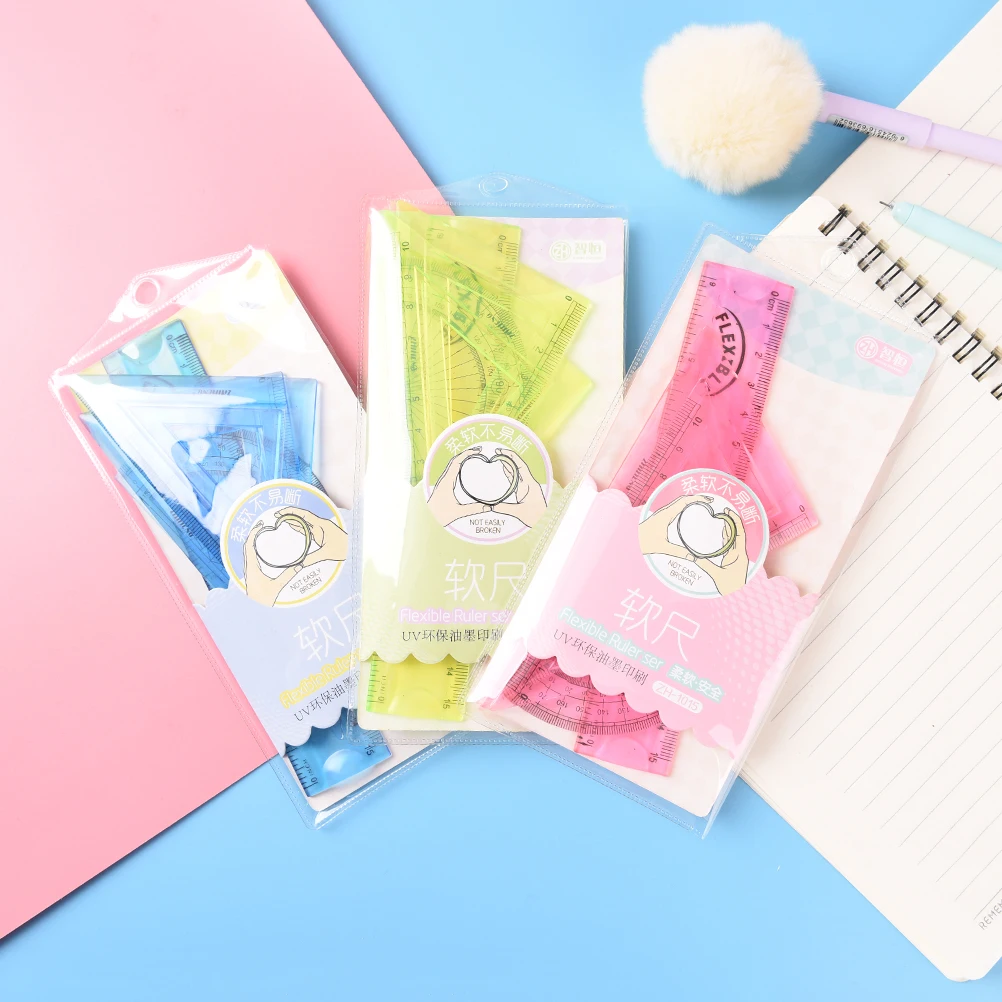 4Pcs//Set Student Ruler Sets Straight Triangular Measure Soft Flexible Stationery
