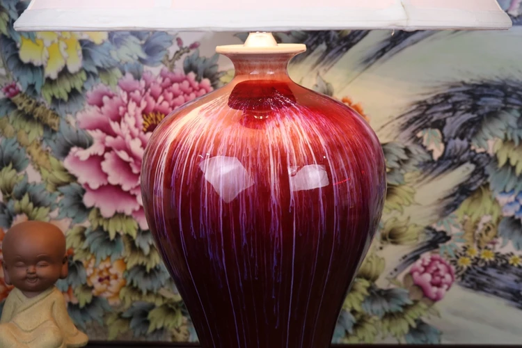 Vintage chinese porcelain ceramic table lamp bedroom living room wedding table lamp Jingdezhen large bedside table red glazed (6)