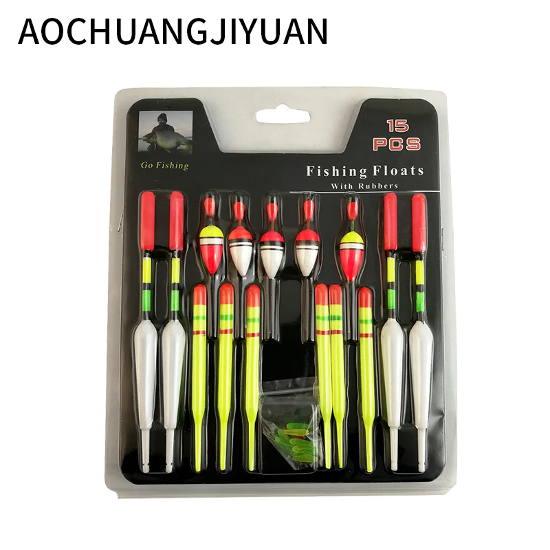 

1 set (15Pcs) Vertical Buoy Sea Fishing Floats Assorted Size for Most Type of Angling with Attachment Rubbers Fishing Lures