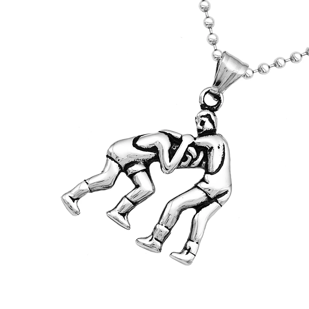

Silver Stainless Steel Two People Wrestling Pendant Sports Fitness Chain Necklace Mens Jewelry