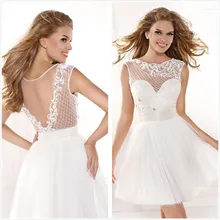 Benutzerdefinierte 2015 New Crew Kurzes Abendkleid Günstige Sheer Zurück Weiß Organza Heimkehr Cocktailkleider