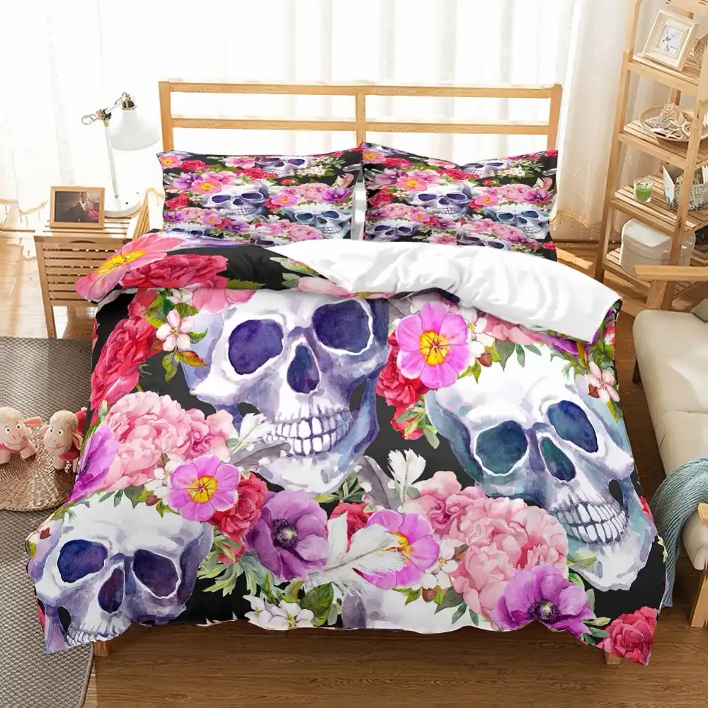 Sugar Skull Comforter Set Bones Roses Floral Print Pink White Bed
