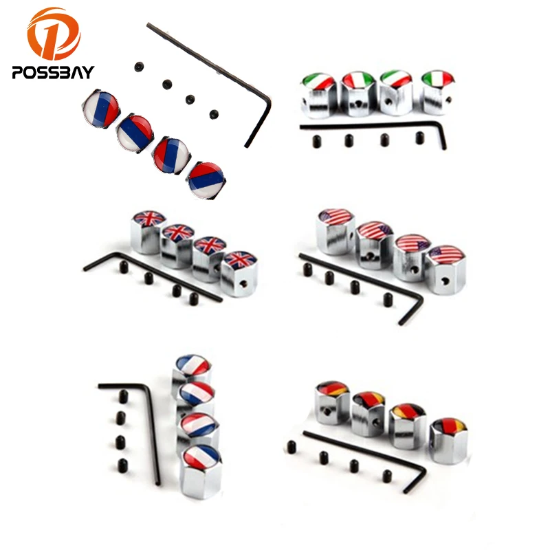 

POSSBAY Antitheft Stainless Silver Car Wheel Tire Valve Caps Tyre Air Cap Cover Russia UK US Italy France German Flag Dustproof