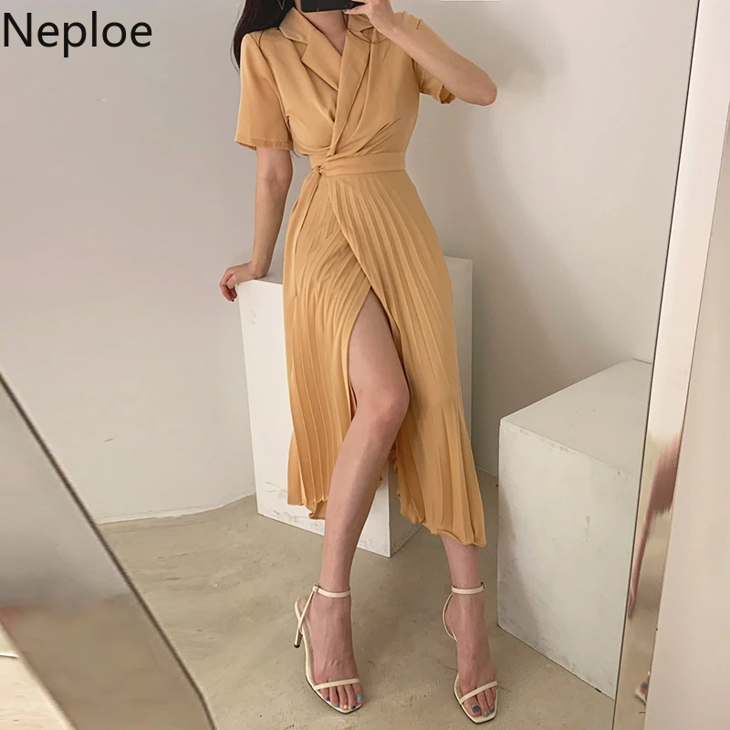 Neploe Элегантное летнее платье с зубчатым воротником корейское Бандажное