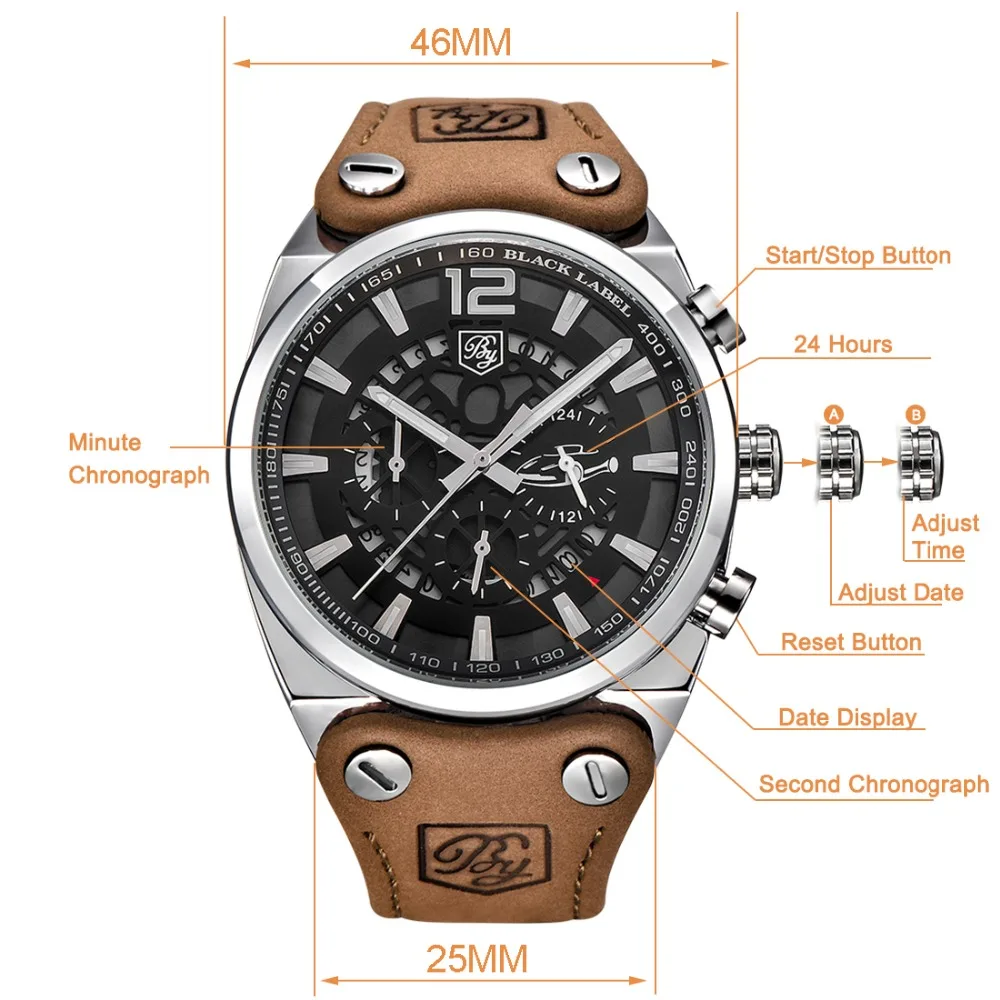 Günstige BENYAR Große Zifferblatt Sport Uhr Männer Wasserdichte Outdoor Military Chronograph Quarz Leder Uhr Armee Männlichen Uhr Relogio Masculino