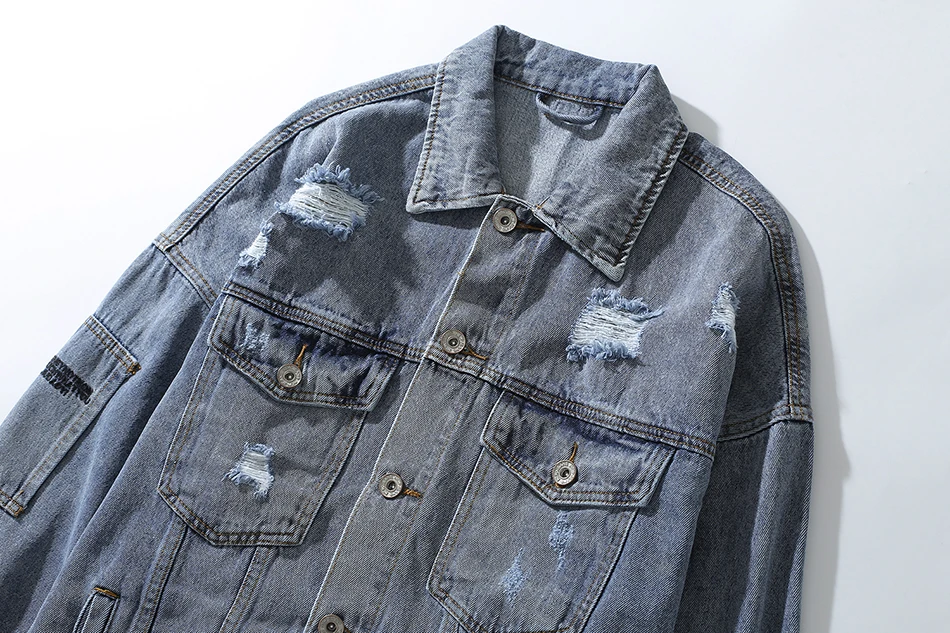 Осенняя мужская джинсовая куртка в стиле хип-хоп с дырками и ленточками в стиле ретро; свободная уличная куртка с отложным воротником; 4XL;