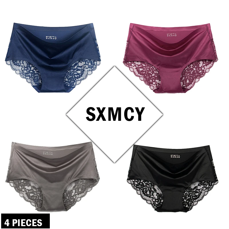 

SXMCY 4pcs/lot Sexy Lace Seamless Women Panties Ice Silk Hollow Out Lace Underwear Cotton Crotch Lingerie Briefs Bikini Panty