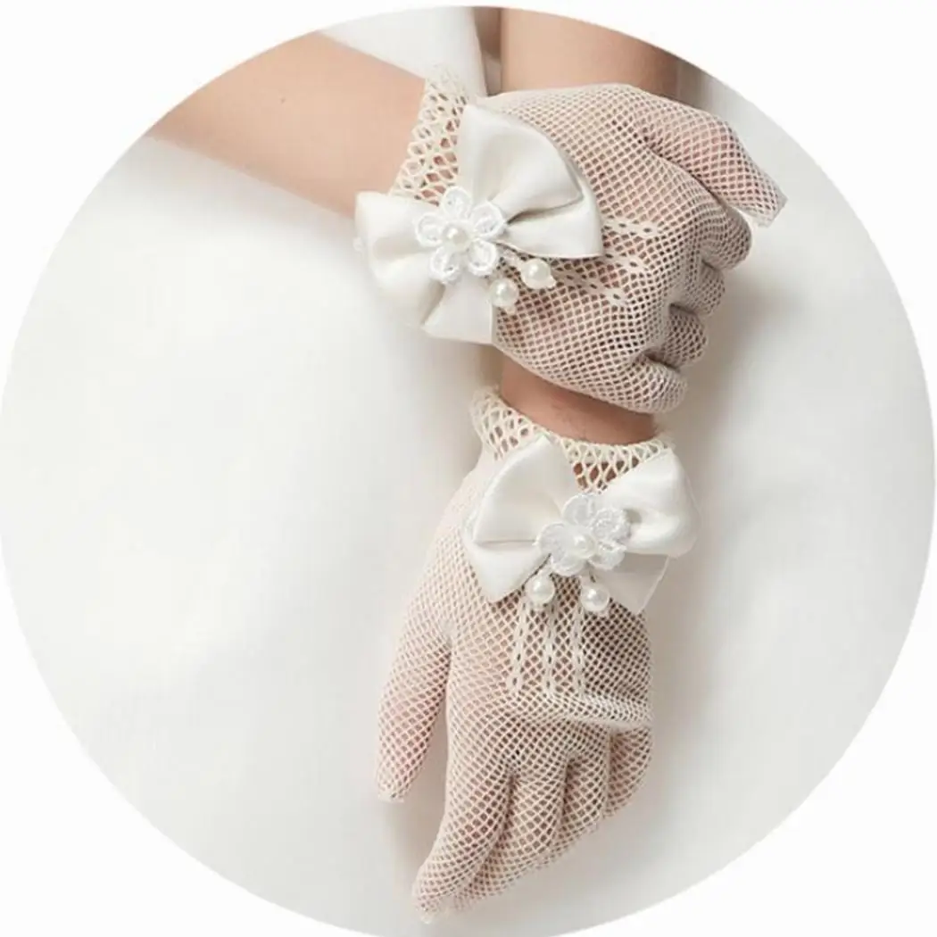 

1 Pair White Lace Faux Pearl Fishnet Gloves Communion Flower For 4-15 Years Girls Kids Bride Party Ceremony Accessories