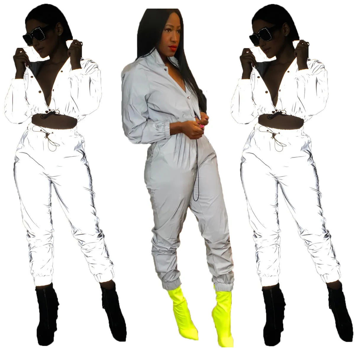 Новые женские 3M Светоотражающие из двух частей Серебряный короткий шнурок куртка толстовка+ эластичный пояс брюки Светоотражающая спортивная одежда