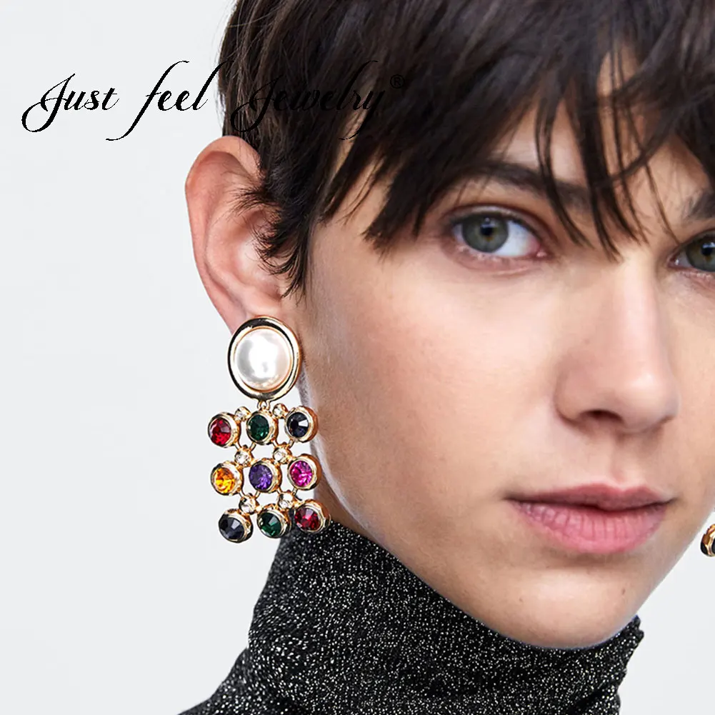 

UST FEEL ZA Multicolored Crystal Drop Earrings For Women Gold Color Square Fashion Simulated Pearls Big Dangle Earring Jewelry