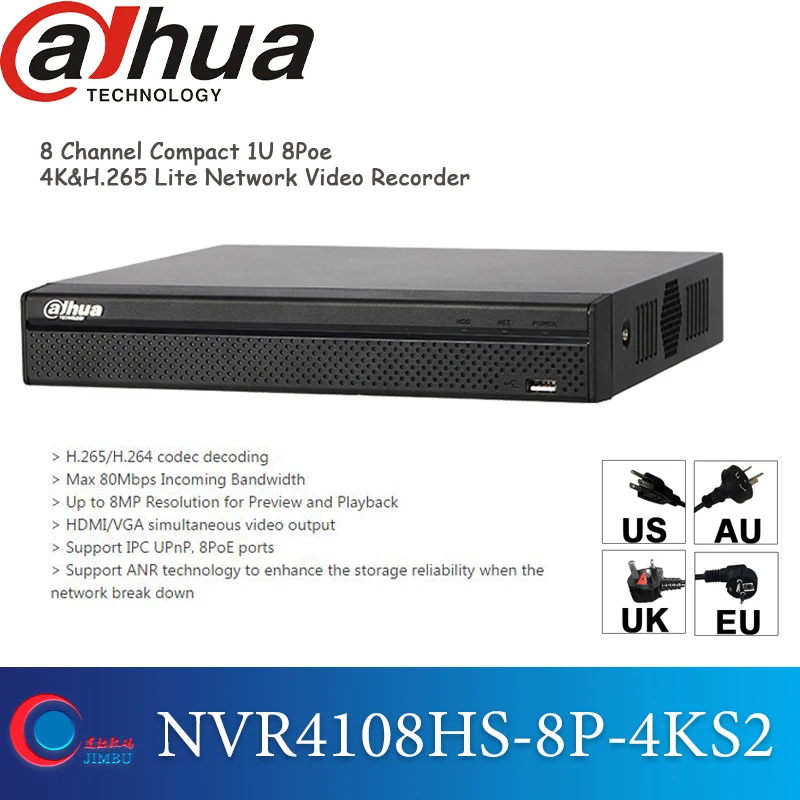 Dahua 8POE 4k сетевой видеорегистратор NVR4108HS 8P 4KS2 H.265 разрешение до 8 МП и 1 порт SATA III