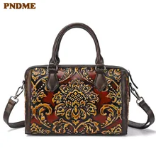 PNDME модная винтажная натуральная кожаная женская сумка дизайнерская ручная работа тисненая Повседневная воловья женская сумка через плечо
