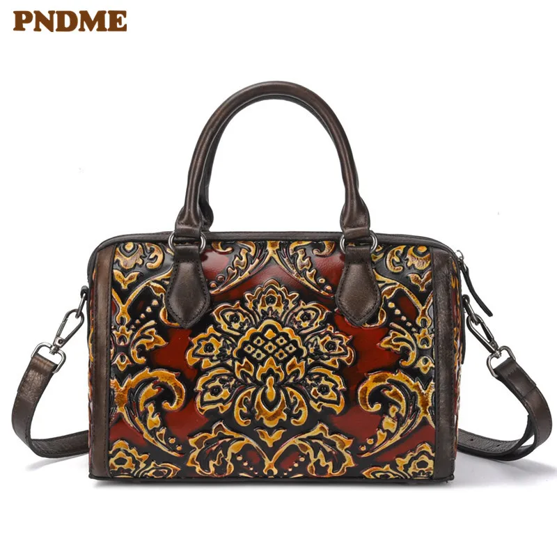 

PNDME fashion vintage genuine leather ladies handbag designer handmade embossed daily cowhide women's shoulder messenger bags