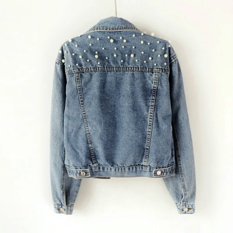 Günstige Vangull Frühling Perle Perlen Crop Denim Jacken Für Frauen Neue Herbst Casual Jeans Bomber Jacke Langarm Mantel Plus Größe 5Xl