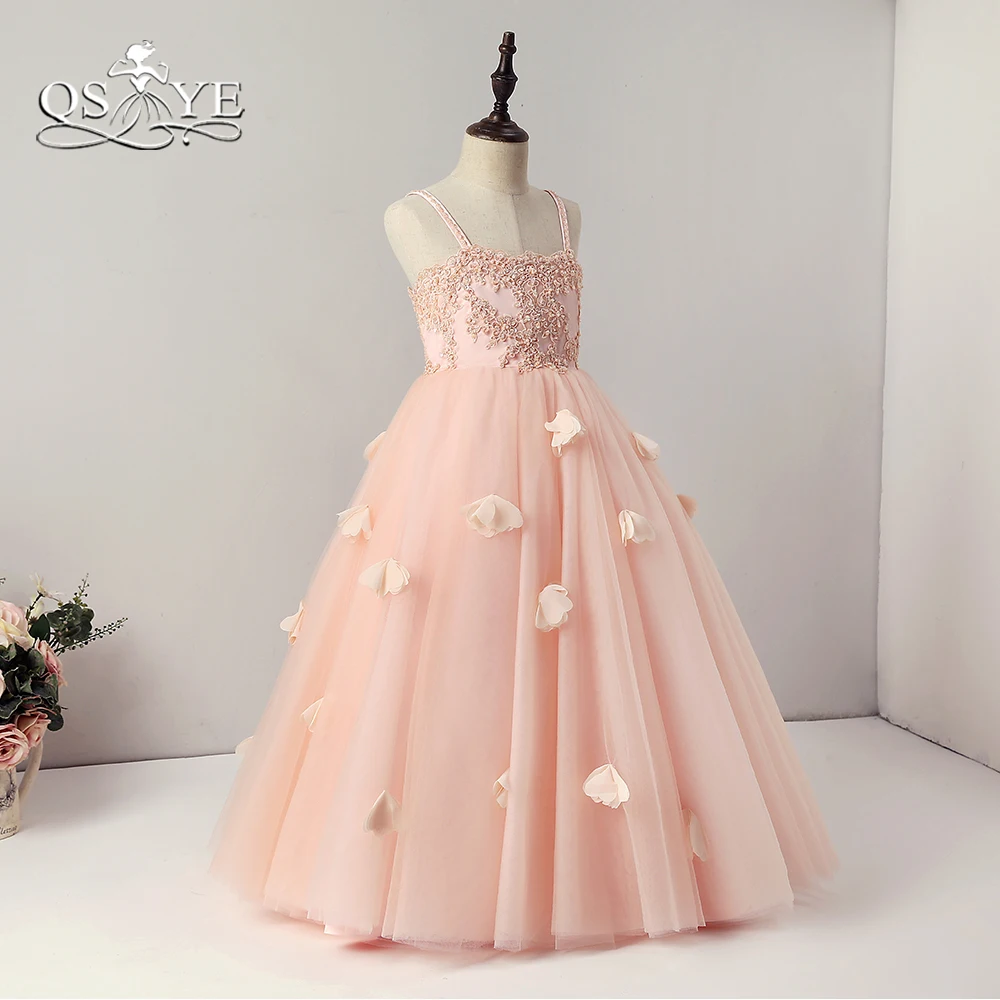 Qsyye розовые платья для девочек с цветочным узором Симпатичные спагетти Бретели для нижнего белья Милая бисером Кружево Тюль с 3D цветами для