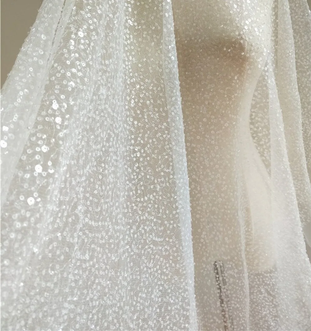 1 ярд изысканный сильно жемчужный бисером мягкий кружевной тюль ткань с прозрачными блестками для свадебного платья невесты Gress платье выпускного вечера 130 см