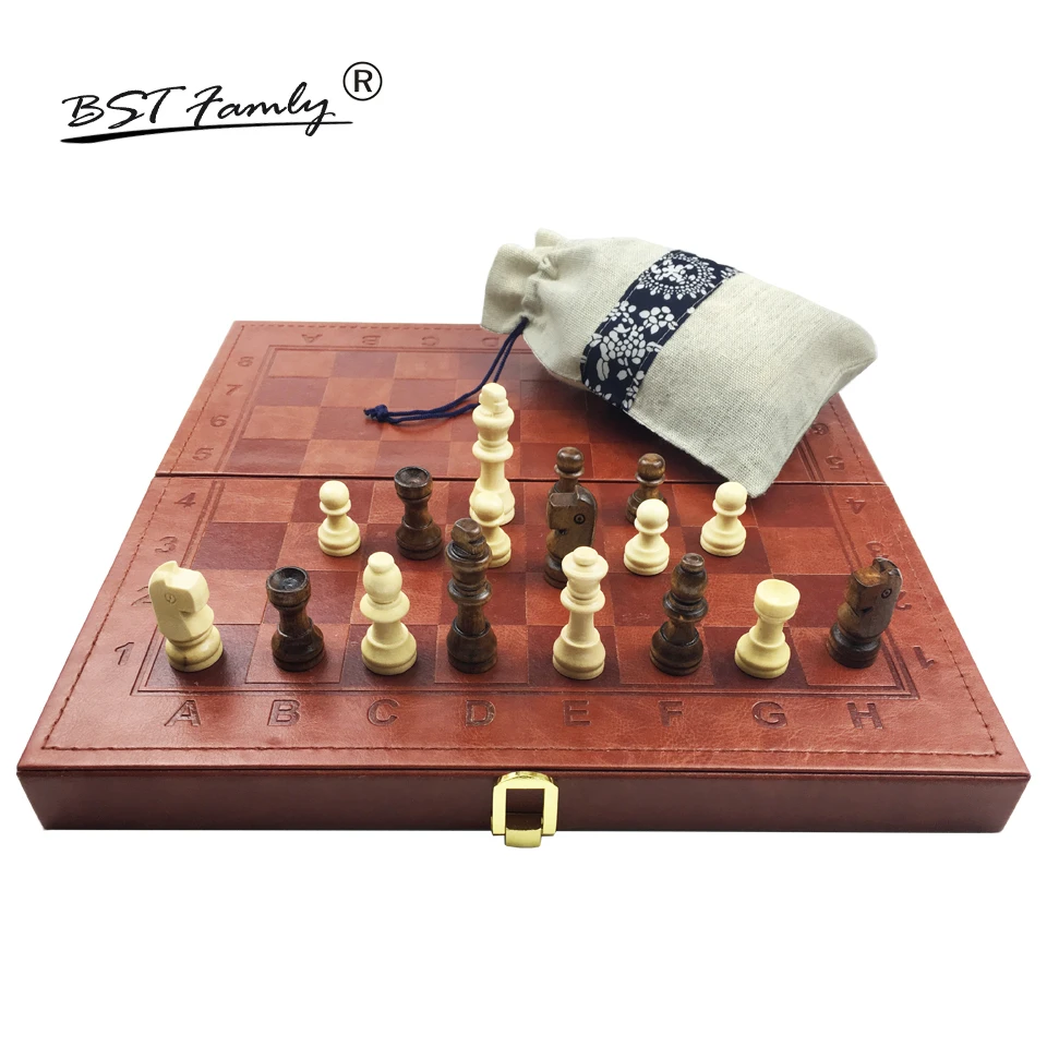 

Wooden Chess Set King Height 79mm Chessman International Chess Game PU Leather Folding Chessboard Wood Chess Piece I48